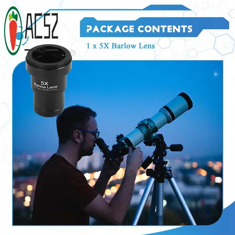 AC52-1.25 Inches 5X Barlow Lens Fully Metal Green Film With M42 Thread For Standard Telescope Eyepiece Astronomy