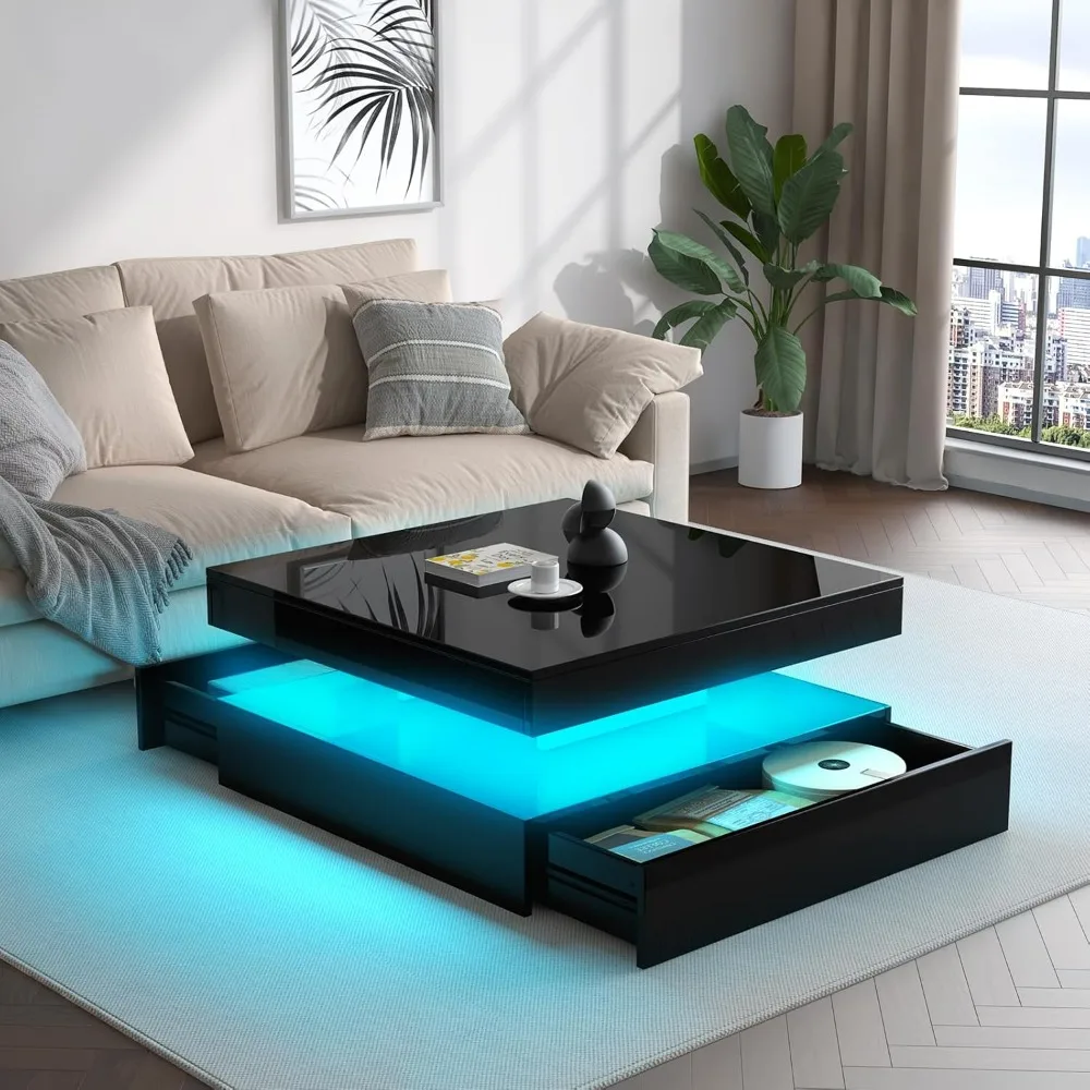 LED Coffee Table with Storage, High Glossy Modern White Center Table with 2 Drawers, Square Wooden Middle Table with 16-Color