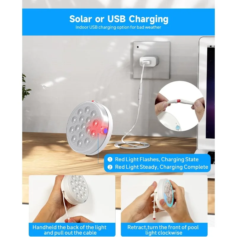 Solar Pool Lights, Rechargeable Submersible LED Lights with Remote, IP68 Waterproof Built-in Magnet Solar Underwater Light for A