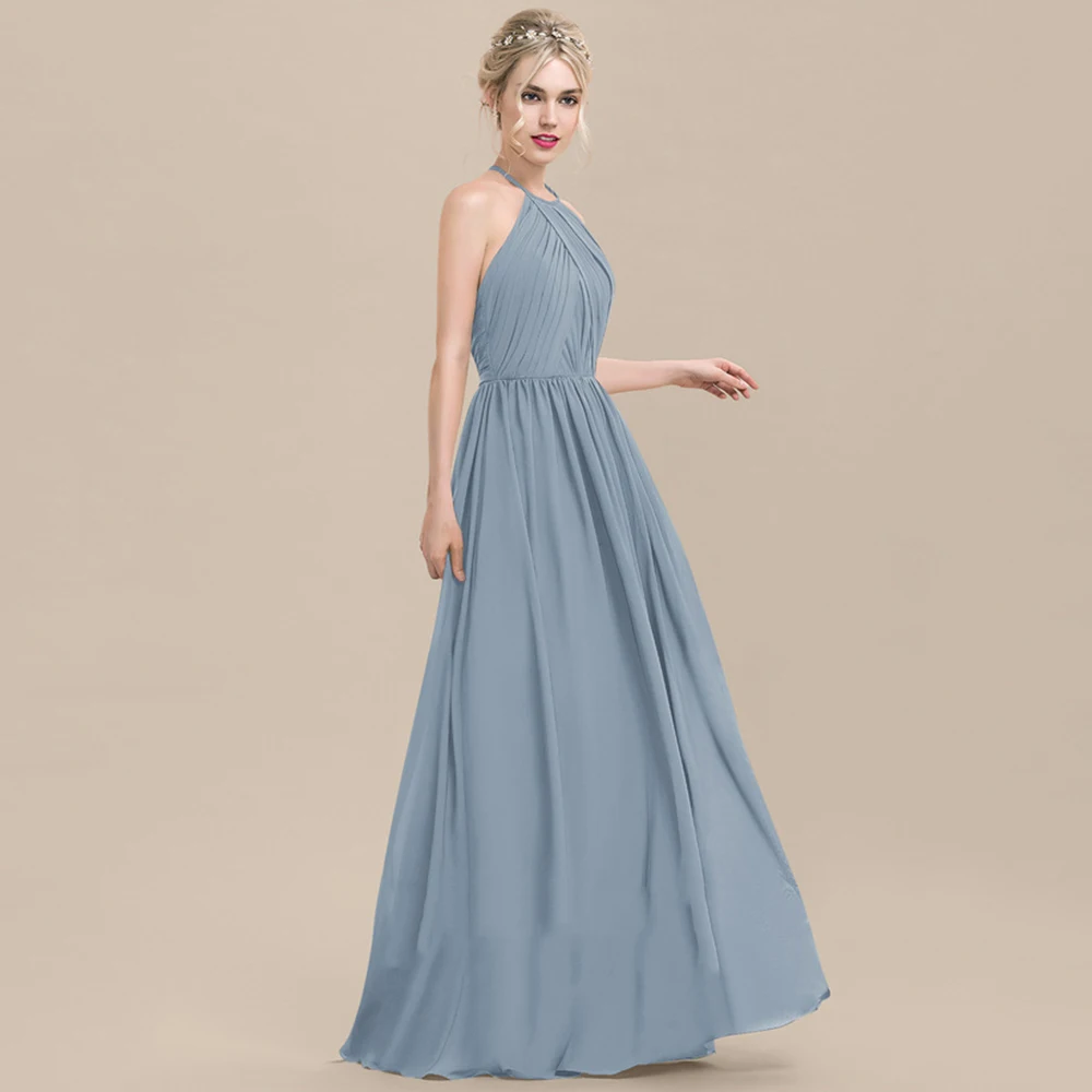 2022 O-Neck Sexy Sleeveless Criss-Cross Bridesmaid Dresses Simple Floor-Length Prom Gown Backless Pleat Chiffon Women Dress