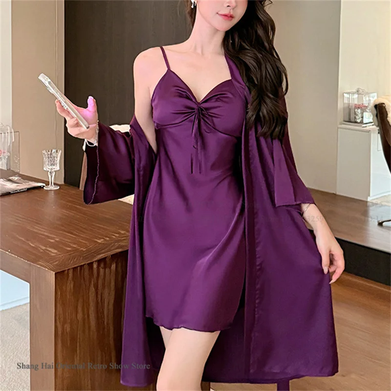 Female 2PCS Robe Nightgown Set Pajama Sexy Suspender Nightdress Lingerie Summer Kimono Bathrobe Gown Rayon Homewear Lounge Wear