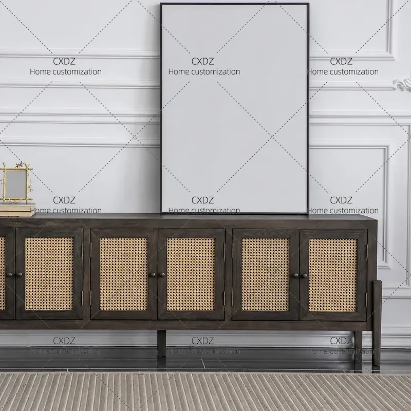 Solid Wood TV Cabinet Retro Rattan Storage Locker for Living Room Creative Floor to Wall Sideboard Media Console Furniture