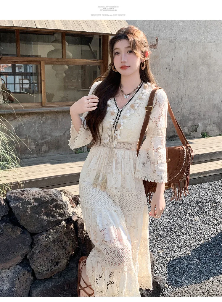 Retro chique renda emendada bege borla em camadas gancho flor oco vestidos para mulheres boêmio estilo férias bolo de fadas vestido longo