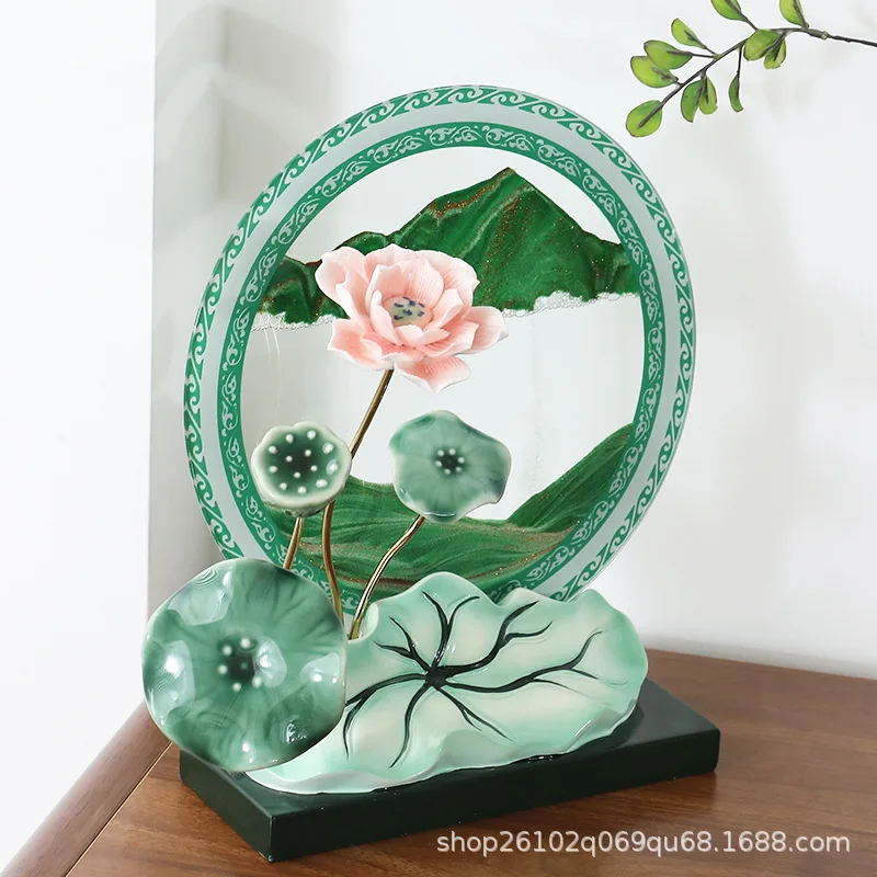 HYS New Chinese Lotus Ornament Living Room Tabletop Ornament Creative Ceramic Lotus Leaf Screen Ornament Home Crafts