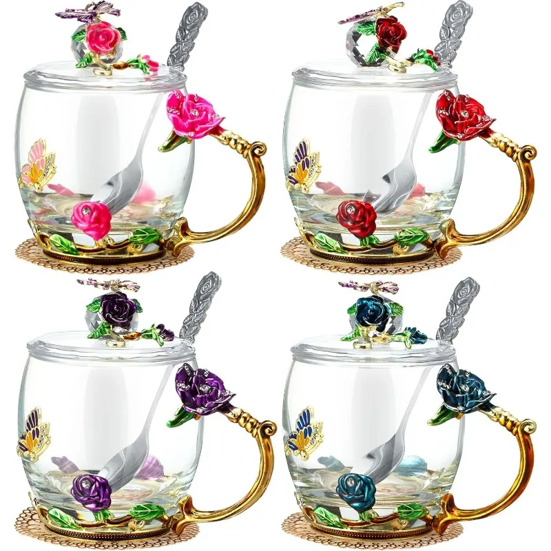 

4 Sets Flower Tea Cups with Lids Butterfly Vintage Glass Coffee Mugs with Spoon Fancy Tea Cups Clear Flower Teacup (11 Oz)