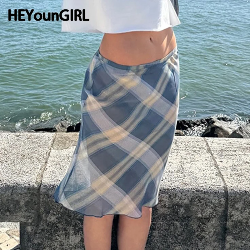 

HEYounGIRL Y2K Casual Women Straight Skirt Elegant High Street Lady Plaid Mid Skirt Vacation Style Vintage Long Skirt Summer