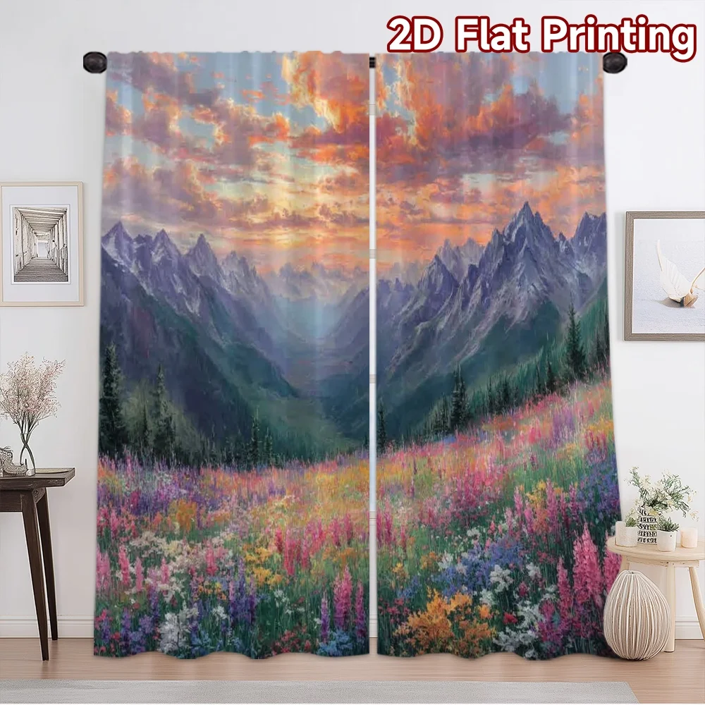 2D flat printing 2pcs Curtain Curtain Mountain Valley with Wildflowers Digital Printed Polyester Drapes Festive Curtains Use for