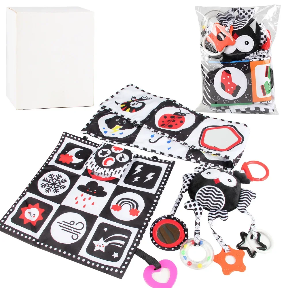 Libro di stoffa per bambini 0-3 mesi Giocattoli per bambini Giocattoli sensoriali ad alto contrasto in bianco e nero Educazione precoce Libro di attività in tessuto per bambini