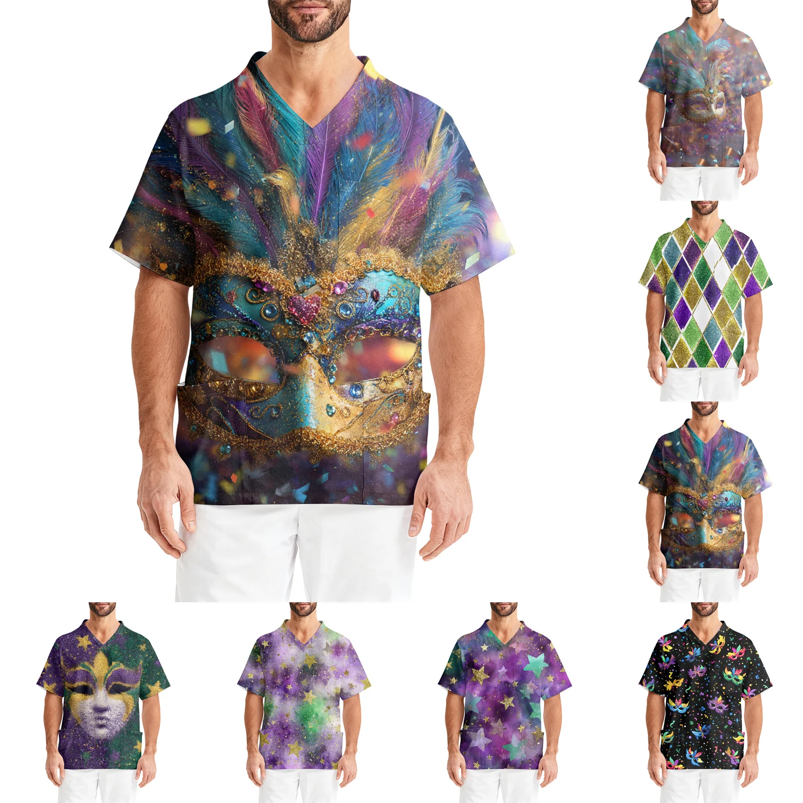 Uniforme d'infirmière à manches courtes et col en v, uniforme d'infirmière imprimé de carnaval, veste de soignant de poche, chemise à manches courtes pour hommes