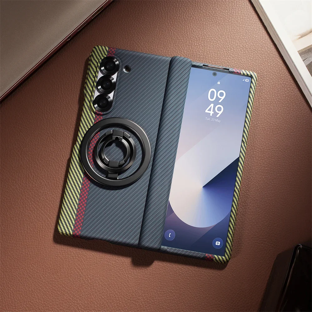 

Carbon Fiber Leather with Ring Holder Kickstand Magnetic Phone Case for Samsung Galaxy Z Fold 7 6 5 4 3 Hinge Protective Cover