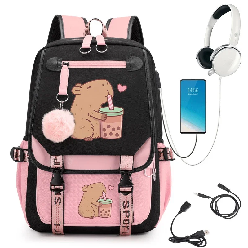 Mochila escolar Kawaii Capybara Bpba para adolescentes, Bolsa Escolar de té, mochila para niños, mochila para adolescentes, bolsa de libros con carga Usb