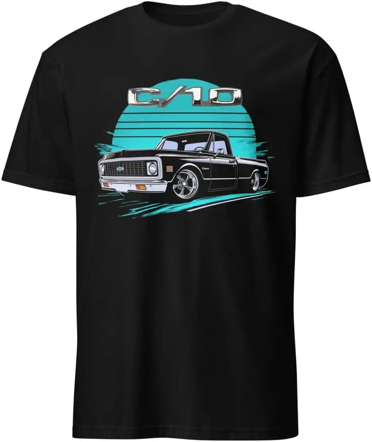 1972 Chevy C10 Pickup Truck Aqua Sun Mens T-Shirt 100% Cotton Trendy Y2K Short-Sleeve Tee-Soft, Quick-Drying, Moisture-Wicking;
