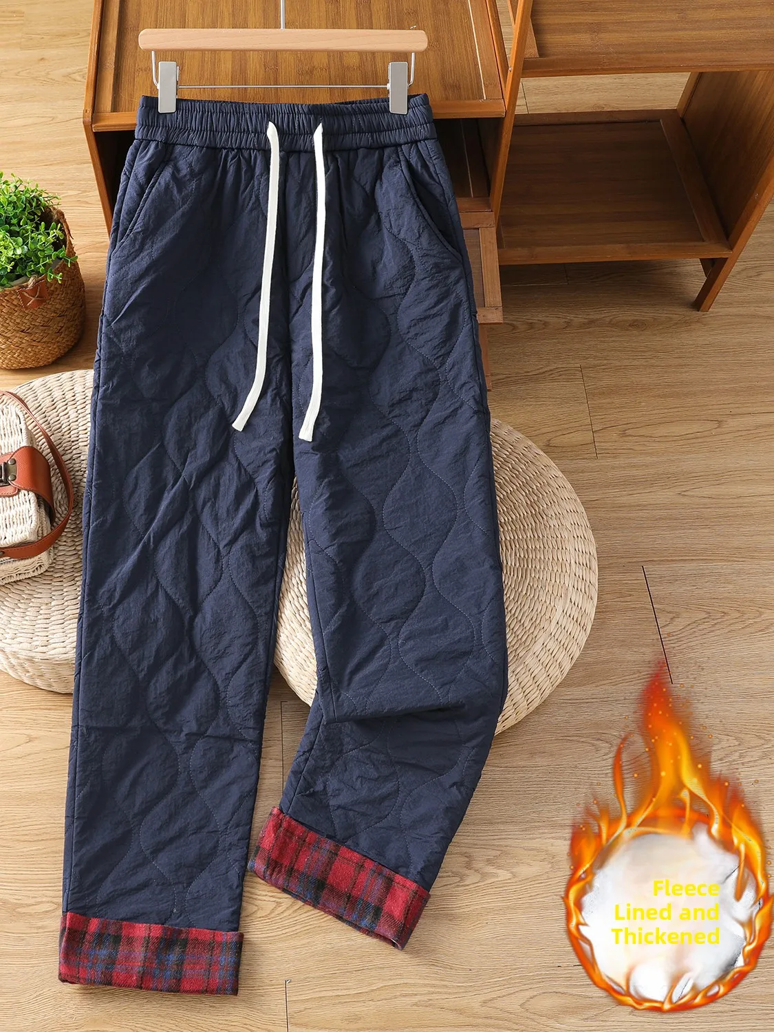 Calças de algodão Thiened femininas inverno cintura alta perna reta alta à prova de vento quente xadrez retalhos solto ajuste calças casuais