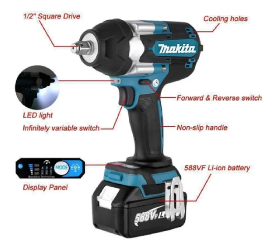 Imagem -05 - Makita-chave de Impacto Elétrica sem Escova Dtw700 1800 N.m Torque em Bateria de Íons de Lítio 18v 2024