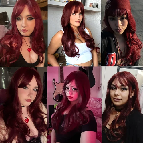 Imagen 2 del producto Peluca sintética rizada larga de color rojo burdeos vino con flequillo para mujer, Cosplay de fiesta diaria, peluca de color rojo oscuro de Lolita, resistente al calor