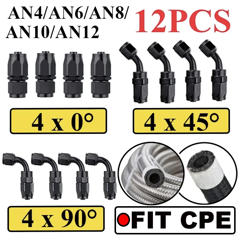 

12Pcs AN4 AN6 AN8 AN10 AN12 Straight 45 90 Degree Aluminum Swivel Hose End Fittings Adapter Reusable For CPE Oil Fuel Line Pipe