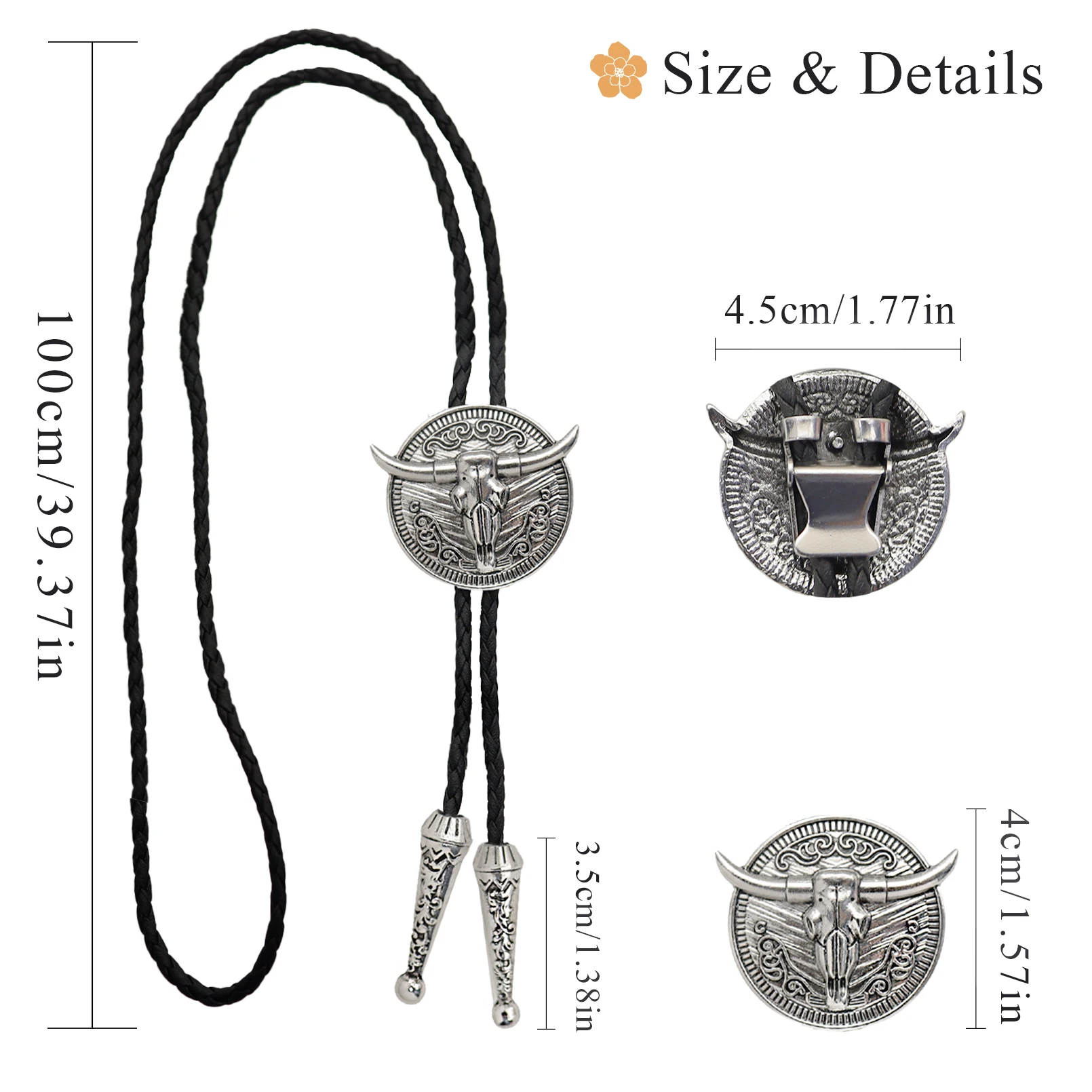 Vintage Bull Head Anhänger Schwarz Leder Seil Krawatte Western Cowboy Bolo Krawatte für Männer Frauen Halskette Zubehör Einstellbar – Detail 1