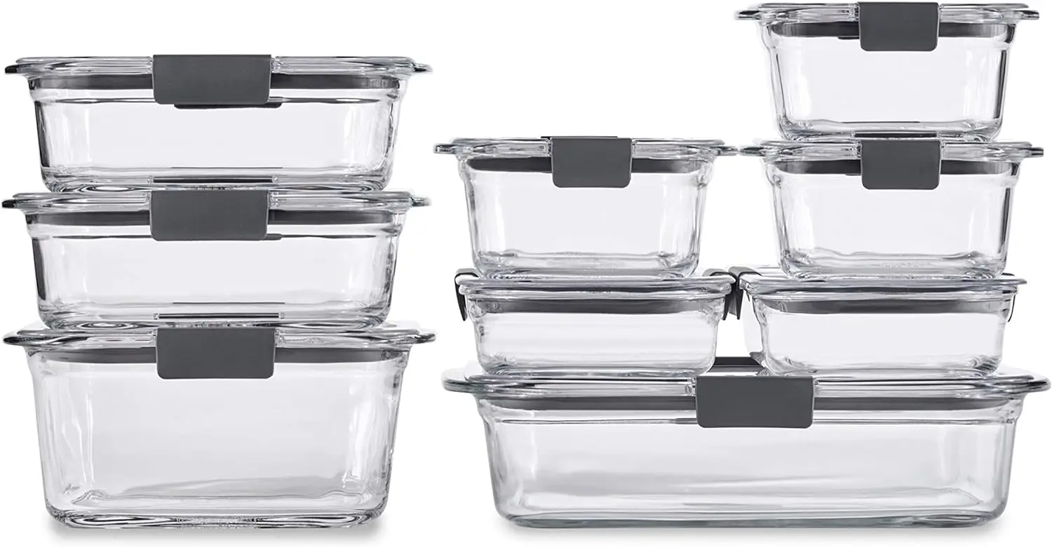 Rubbermaid Brilliance Glass Storage Food Containers with Lids (18 Pieces Total), Set of 9 (Varied Sizes), Clear, 9 Count