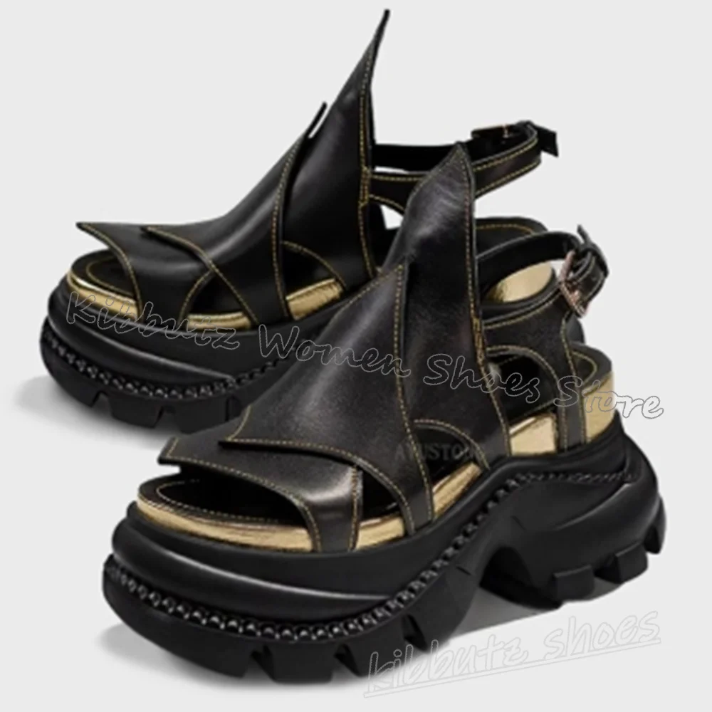 

Сандалии с пряжками на ремне, на платформе, с круглым носком, на толстой подошве, кожаные разноцветные модные элегантные лаконичные роскошные пикантные женские туфли, новинка