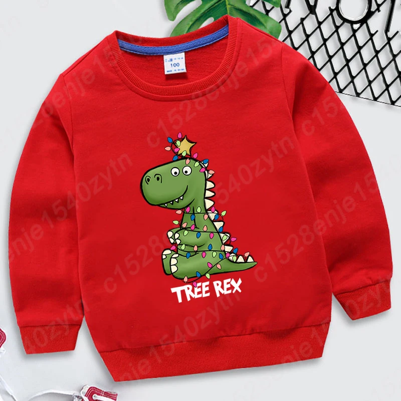 Christmas Light Dinosaur Tree Rex Hoodless Sweatshirt Fashion Children Casual Long Sleeve Loose Winter Autumn Pullover Kids Tops