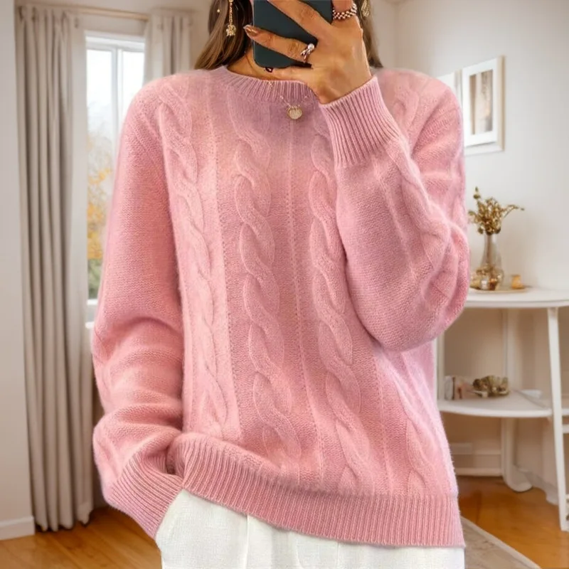 2025 Autumn and Winter New Casual Crew Neck Solid Color Knitted Sweater Top Retro Twist Pullover Sweater Women