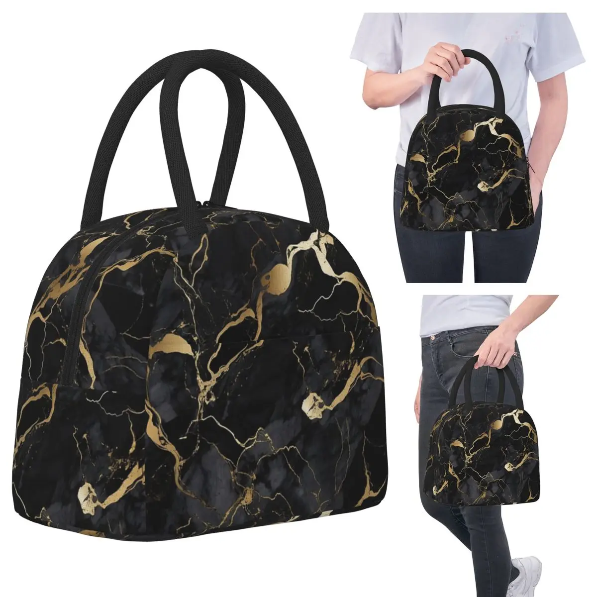 

Классическая черно-золотая мраморная изолированная сумка для обеда для детей, школьный холодильник, термосумка для еды, портативная коробка для завтрака, контейнер