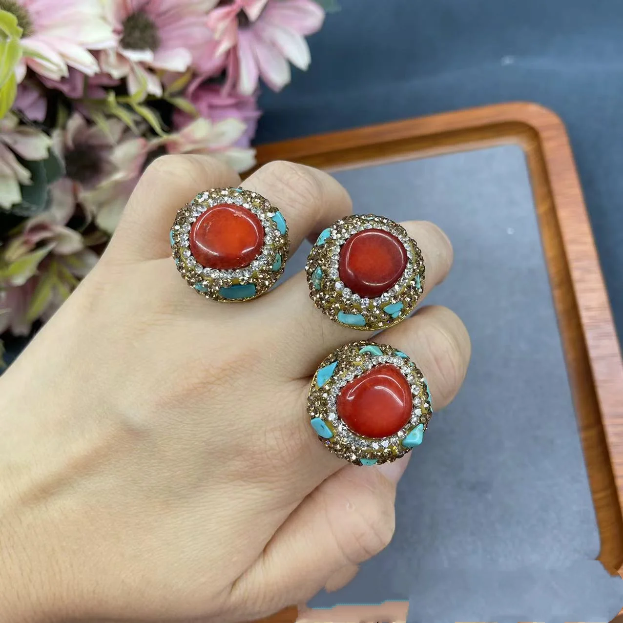 خاتم أحمر مرصع بالكريستال الفيروزي خواتم مفتوحة عرقية رائعة موضة النساء خاتم حلية مجوهرات اكسسوارات حفلات الزفاف هدايا #4