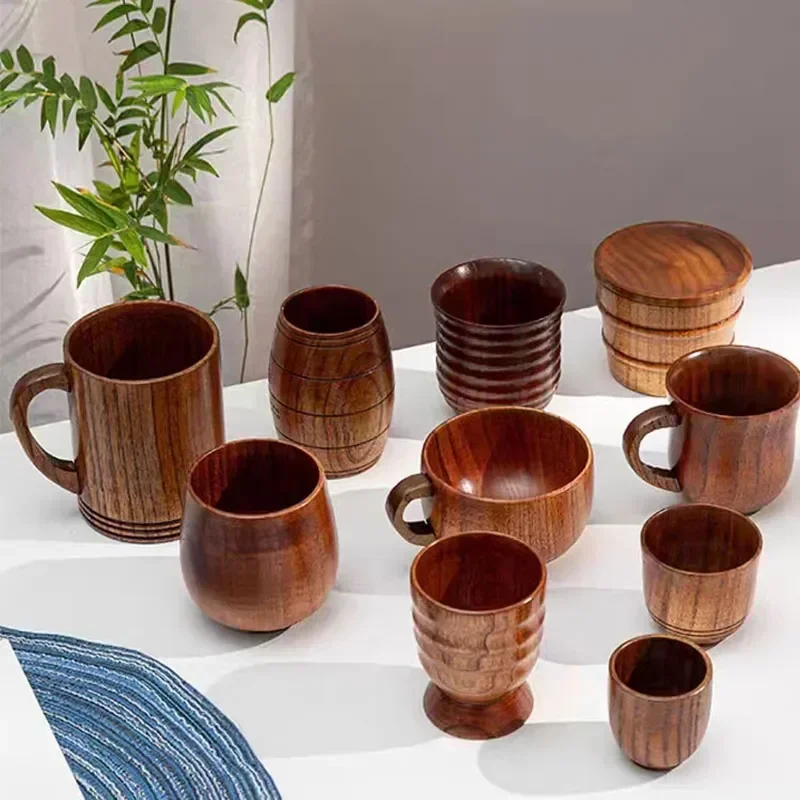 Wooden Big Belly Cups Japan Style Milk Water Cup with Handle Coffee Beer Tea Mug Handmade Natural Kitchen Bar Drinkware Cups