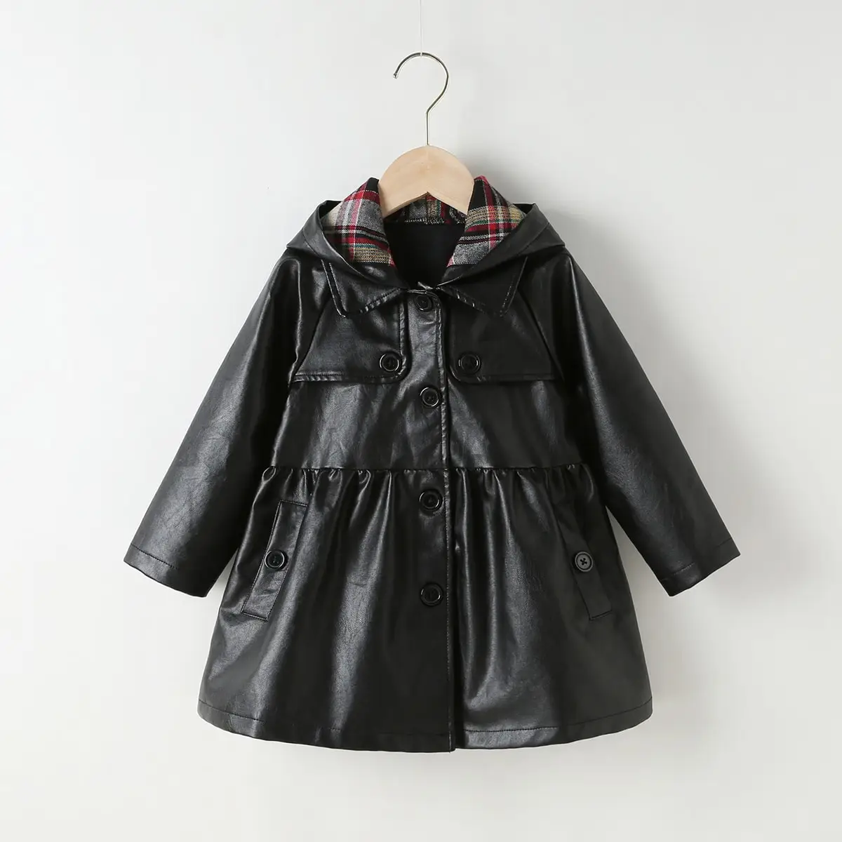 Kids Baby Little Girls Faux Leather Button Down Hooded Jacket PU Dress Coat Outwear Fall Winter