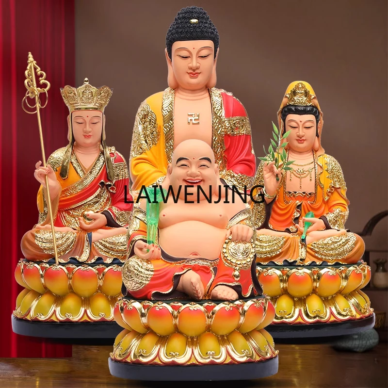 MJY Resin Buddha Statue Colorful Saha Three Sages Sakyamuni Buddha Guanyin Bodhisattva King Jizang