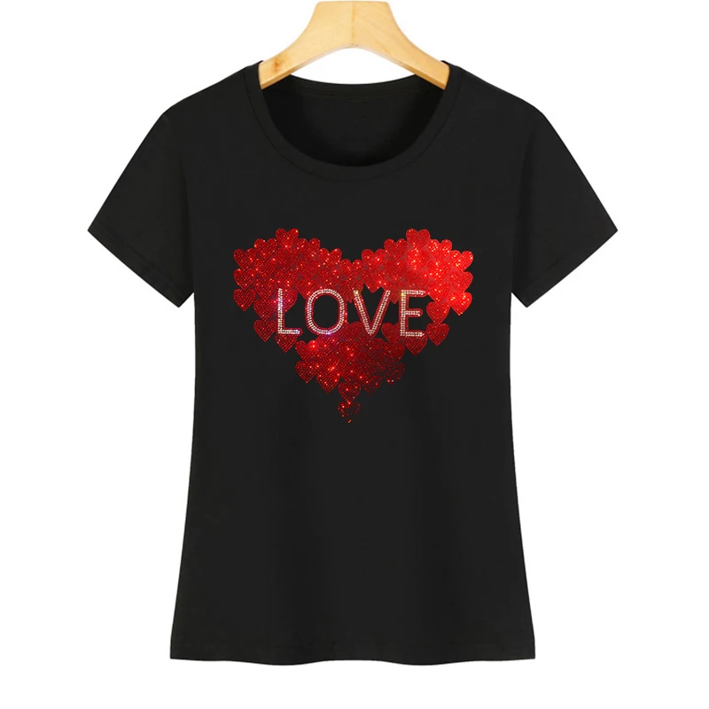 

2025 new women's summer short sleeve ice silk cotton fashion rhinestone with exquisite love design