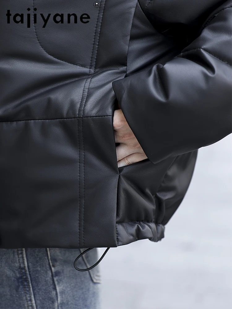 TAJIYANE جلد الغنم الحقيقي أوزة أسفل معطف المرأة أنيق قصير سترة منفوخة قسط حقيقية سترات من الجلد ملابس امرأة 2025 code