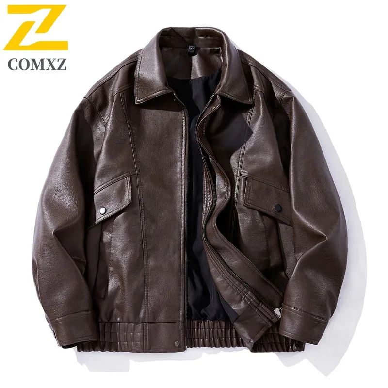 

COMXZ Men Leather Jacket Casual Stand Collar Camping Windproof Motorcycle Leather Jacket Travel Wear Resistant Autumn Clothing