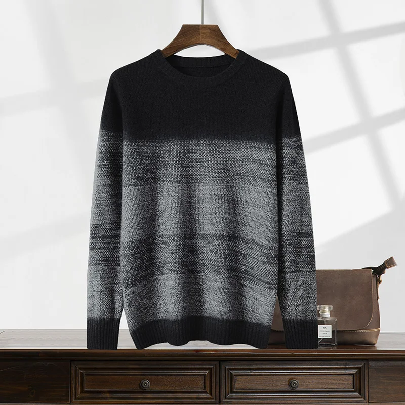 Autumn Winter New 100% Cashmere Thick Sweater Round Neck Knitted Pullover Fashionable Contrasting Color Men's Clothing Warm