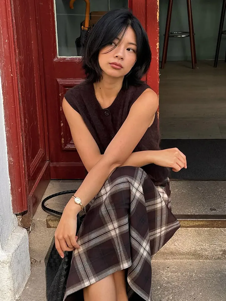 Frauen Karierten Midi Rock Mode Hohe Taille Gefaltete Unregelmäßige Schlanke Mittlere Länge Rock Casual Täglichen Pendeln Streetwear Outfit