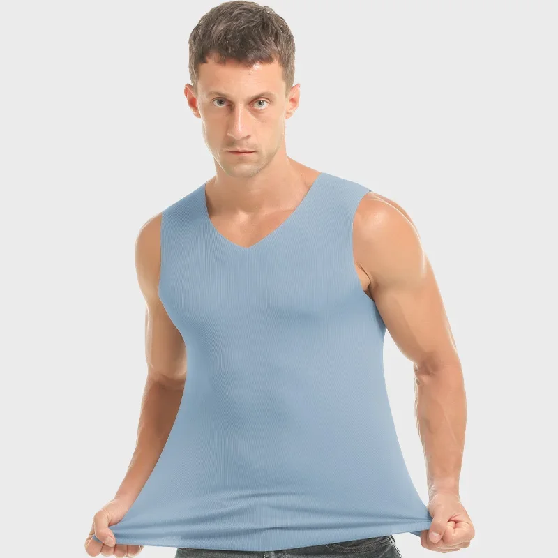 5 قطع سترة رجالية من الحرير الجليدي بدون خياطة من الداخل، مع قاعدة صيفية رفيعة بلون سادة للرجال كبيرة الحجم للياقة البدنية