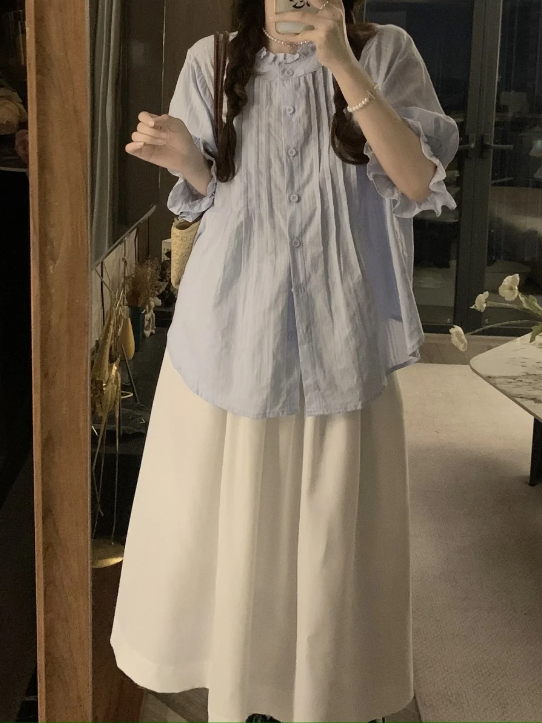 

plus Size Women's Blue Bubble Sve irt And White High Waist Skirt Two Piece Set Summer Faion Korean Loose Fit Button De...