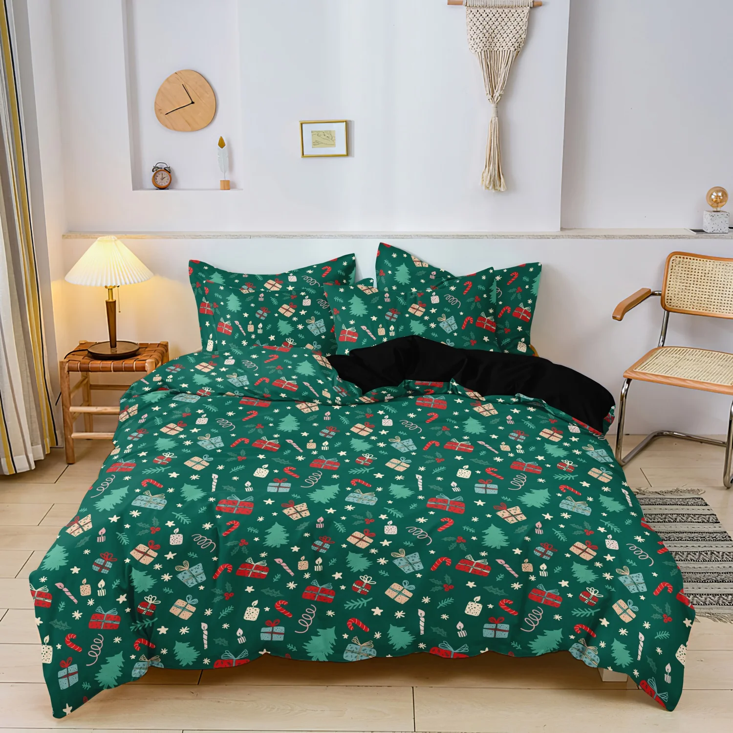 3Pcs Green Christmas Duvet Cover Set, Mini Pine Trees Colorful Gift Boxes Candy Canes Tiny Snowflakes Vintage Festive Bedding