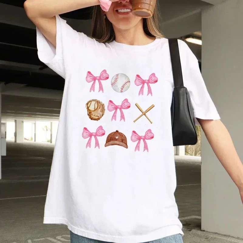 Baseball Coquette Bows Kawaii Sweet Top Cartoon Print Trendy Fun Pattern Short Sleeved T-Shirt Print Basic O-Neck Cute T-Shirt.