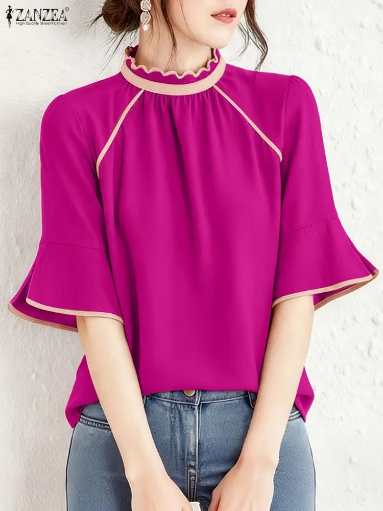 2025 ZANZEA بلوزة صيفية أنيقة للنساء OL قميص عمل غير رسمي مرقع بلوزات نسائية برقبة واقفة نصف كم #2