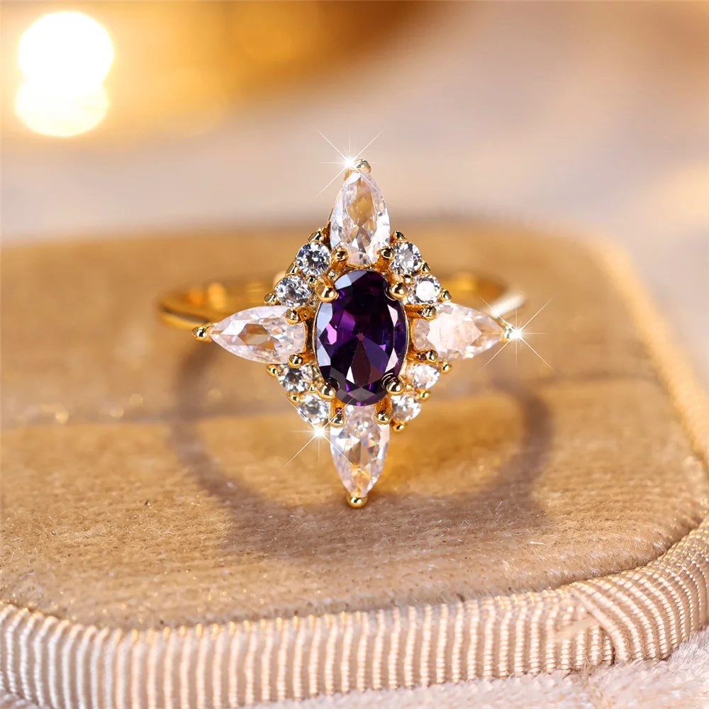 Luxury Female Crystal Purple Zircon Stone Oval Engagement Ring Vintage Gold Color Wedding Jewelry For Women