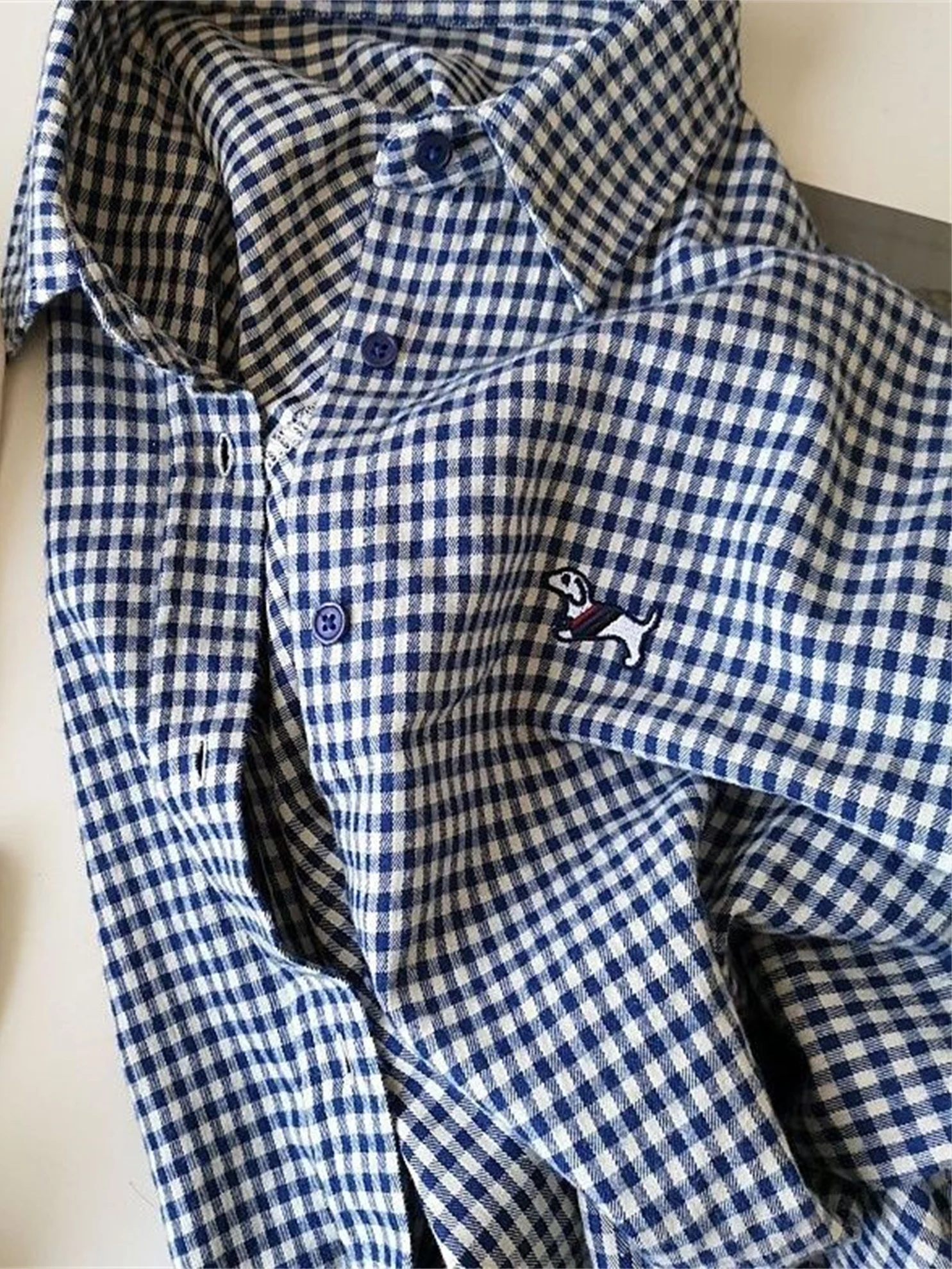 

Retro Blue Plaid Embroidered irt Women's Long Sve Top Casual Sle Button Detail Autumn Season Regular Fit Cheered Pat...