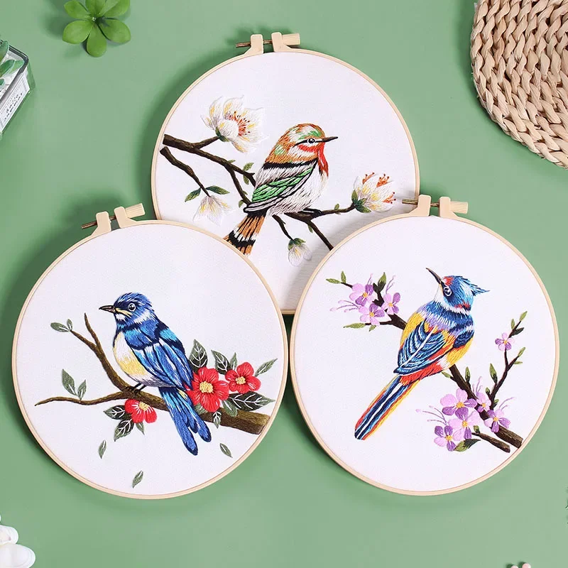 Chinese Wind Bird Flower Pattern Embroidery Kit with Instruction Needle Cloth with Pattern for DIY Craft Kit Home Decor