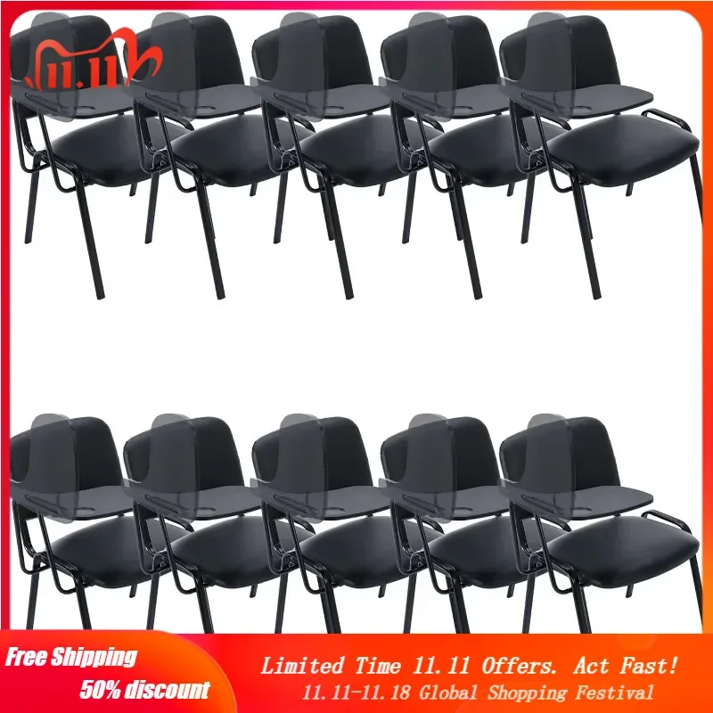 Set of 10 Stackable Chairs with Flip-up Tablet Arm, Vinyl Leather Stackable Guest Chairs, for Waiting Room/Office Conference