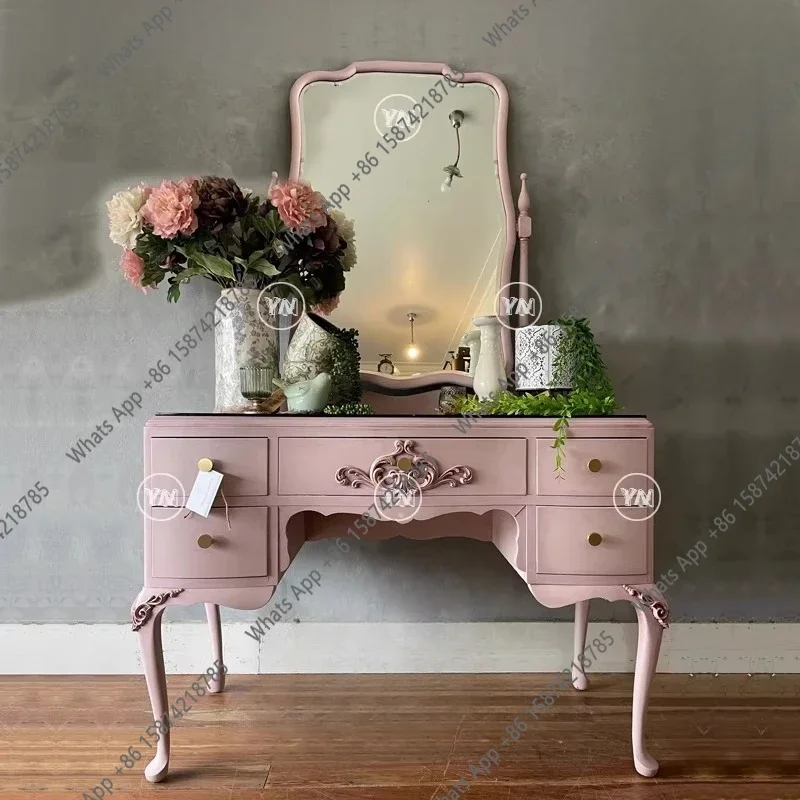 

PC "French retro pink princess makeup table" retro style home solid wood dresser with mirror writing table