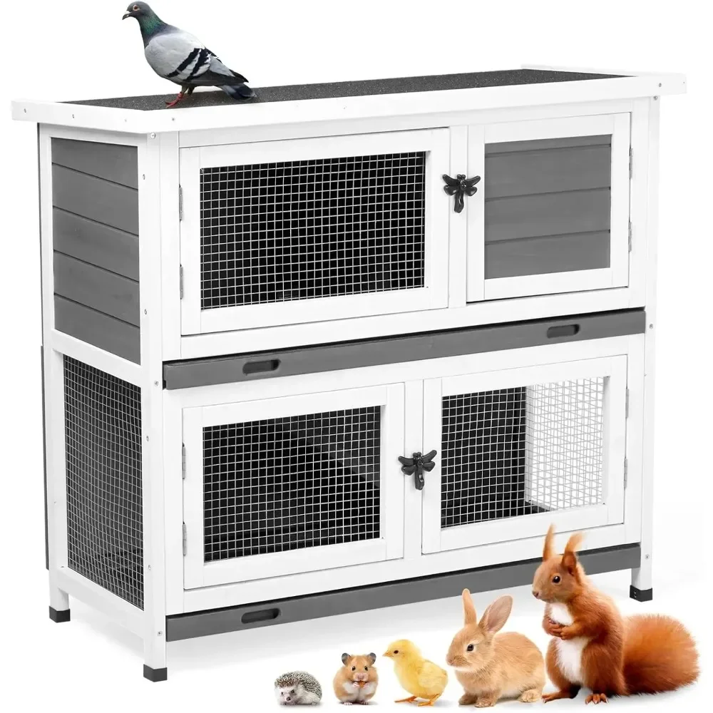 토끼집, 작은 나무 닭장, 36인치 기니피그 케이지(방 2개 포함), 풀아웃 트레이 2개, 방수 아스팔트 지붕, 환기문