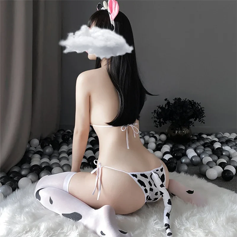 Bonito Leite Vaca Imprimir Bikini Set para Mulheres, Lingerie Erótica, Traje Cosplay, Maid Swimsuit, Lingerie, Sutiã, Calcinha, Meia, Sexy