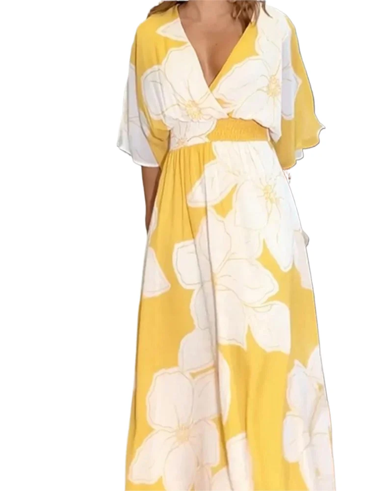 

Elegant Floral Print Dress For Women Fashion Short Sleeve V Neck Pullover Loose Dresses Robe Femme Casual Holiday Party Clothes