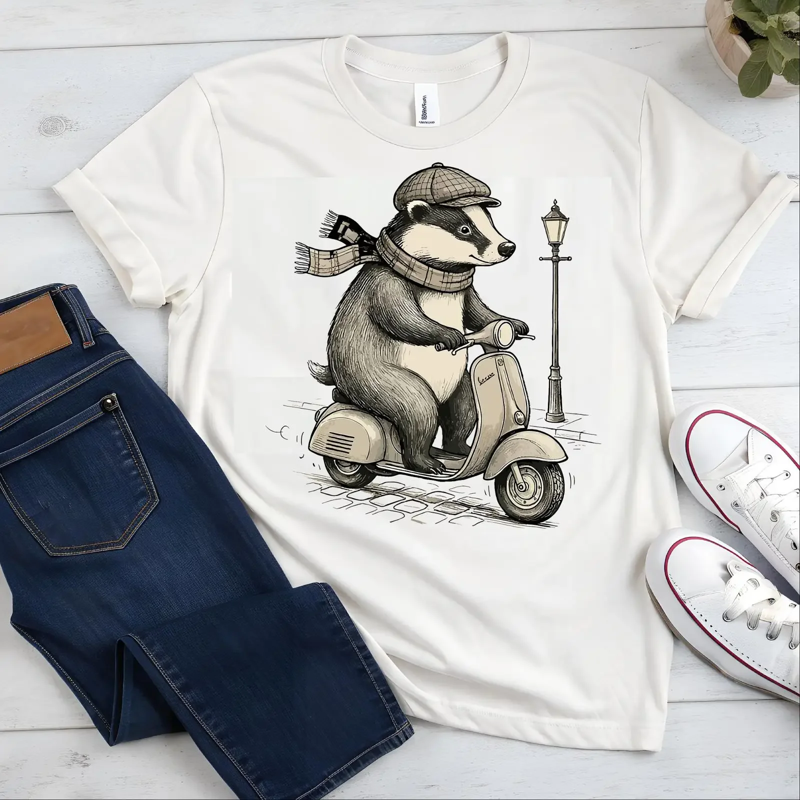 Vintage Badger Riding Scooter T Shirt Whimsical Retro Animal with Scarf Cap Cottagecore Woodland  vintage Washed homme