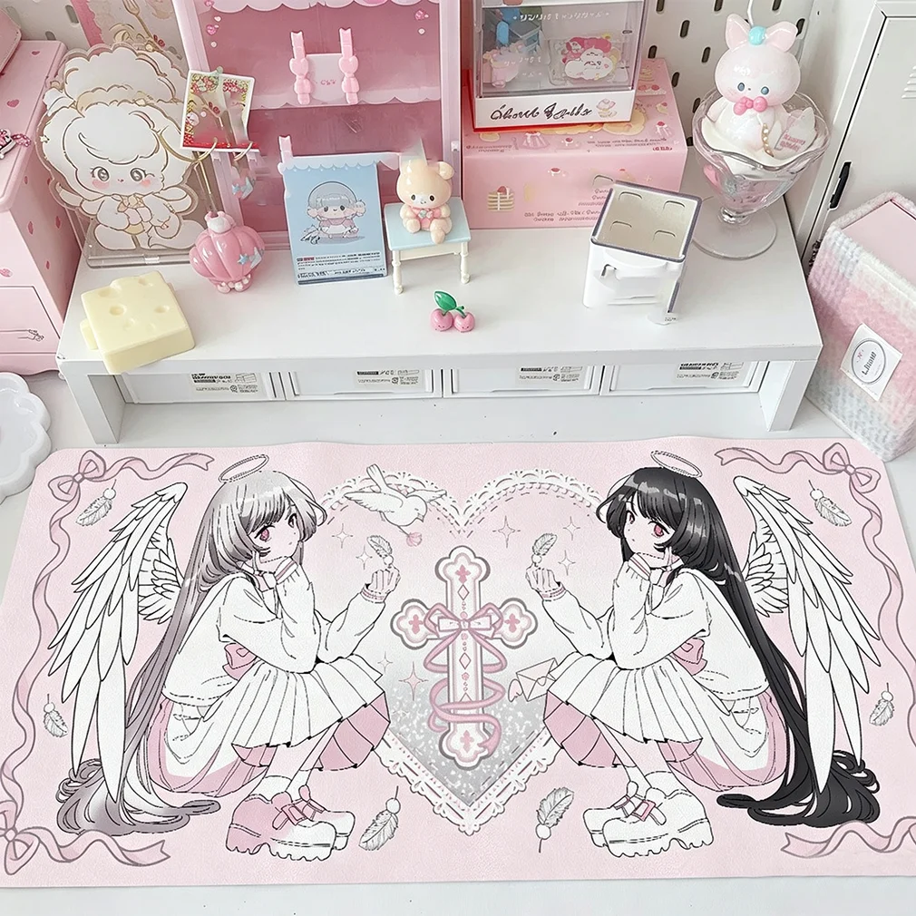 Lolita Skiry Girl Angel Wings Bird Bow Leather Desk Pad Protector Y2K Mouse Pad Office Desk Mat PU Desk Blotter keyboard Pads